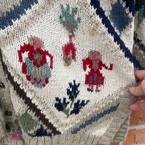 Last Chance Vintage IVY Sweater Button Down Hand Knit Country Design Medium Y2K - Picture 5 of 13